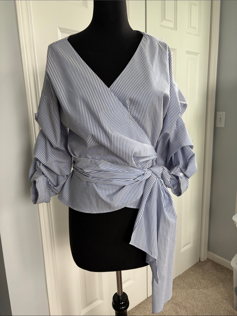 Lumiere Striped Blue Wrap Tie Blouse - Women M